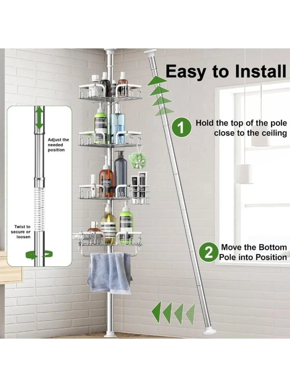 Adjustable 4-Tier Corner Shower Caddy Tension Pole - Stainless Steel Organizer